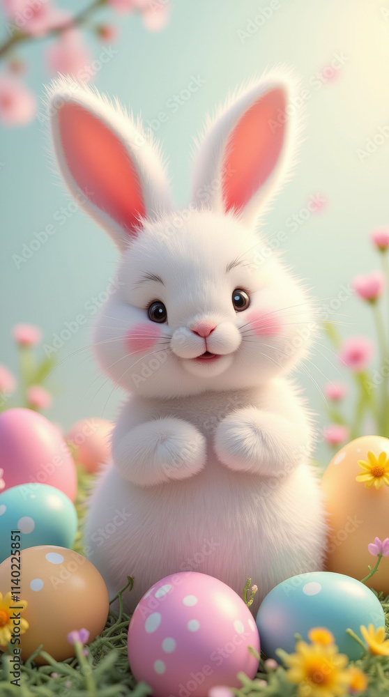 Fluffy white bunny smiling among pastel Easter eggs, green grass, and bright flowers. Springtime celebration concept Fluffy white bunny smiling among pastel Easter eggs, green grass, and bright flowers. Springtime celebration concept