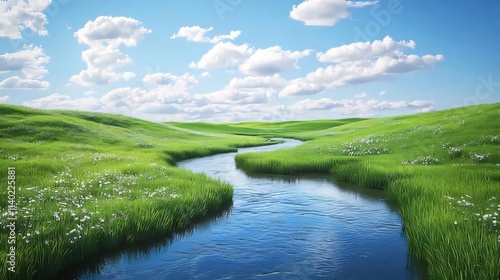 Serene stream meanders through lush green meadow under a bright blue sky.