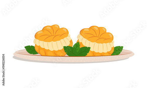 Profiteroles, a French dessert. Puff pastry with custard on a plate with mint leaves. Vector illustration