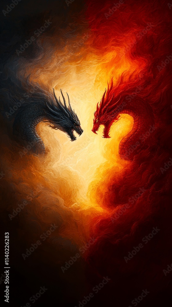 Fototapeta premium Majestic Dragons Battling Over Mountains, Surrounded by Fire and Embers 