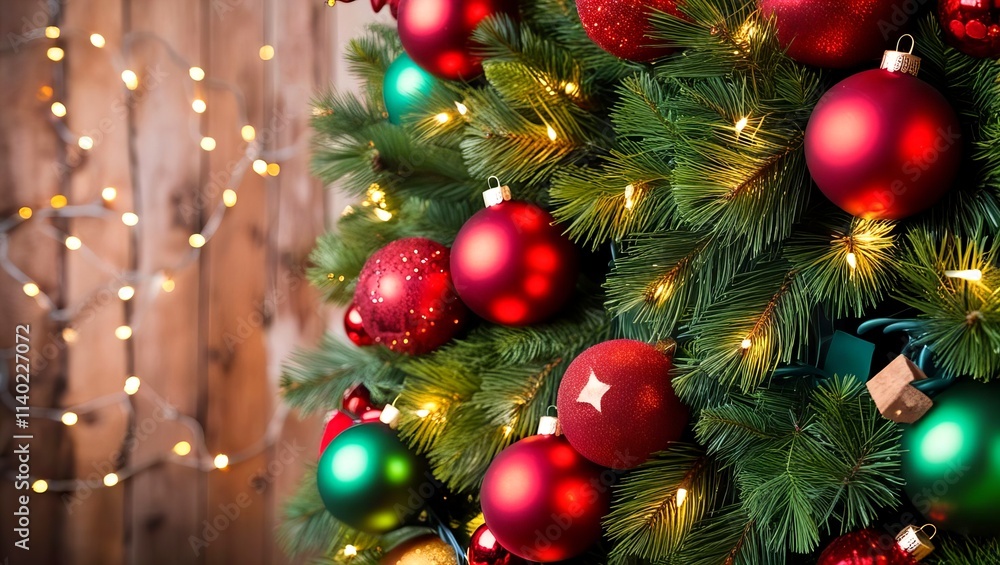 A beautifully decorated Christmas tree with red and green ornaments, glowing with warm lights against a rustic wooden background. A close-up of a festive Christmas tree. New Year. 1 A beautifully decorated Christmas tree with red and green ornaments, glowing with warm lights against a rustic wooden background. A close-up of a festive Christmas tree. New Year. 1
