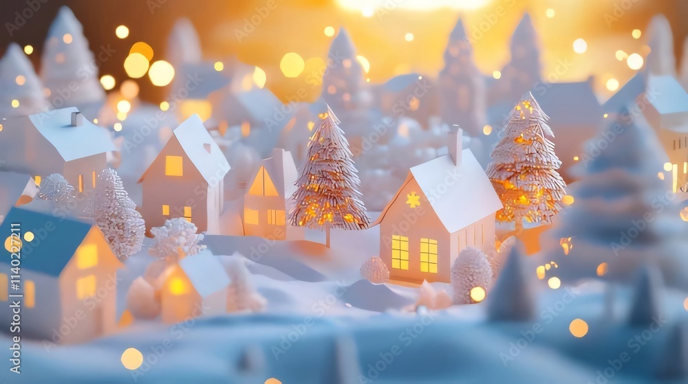 Illuminated winter village model with snow-covered houses and trees. Illuminated winter village model with snow-covered houses and trees.