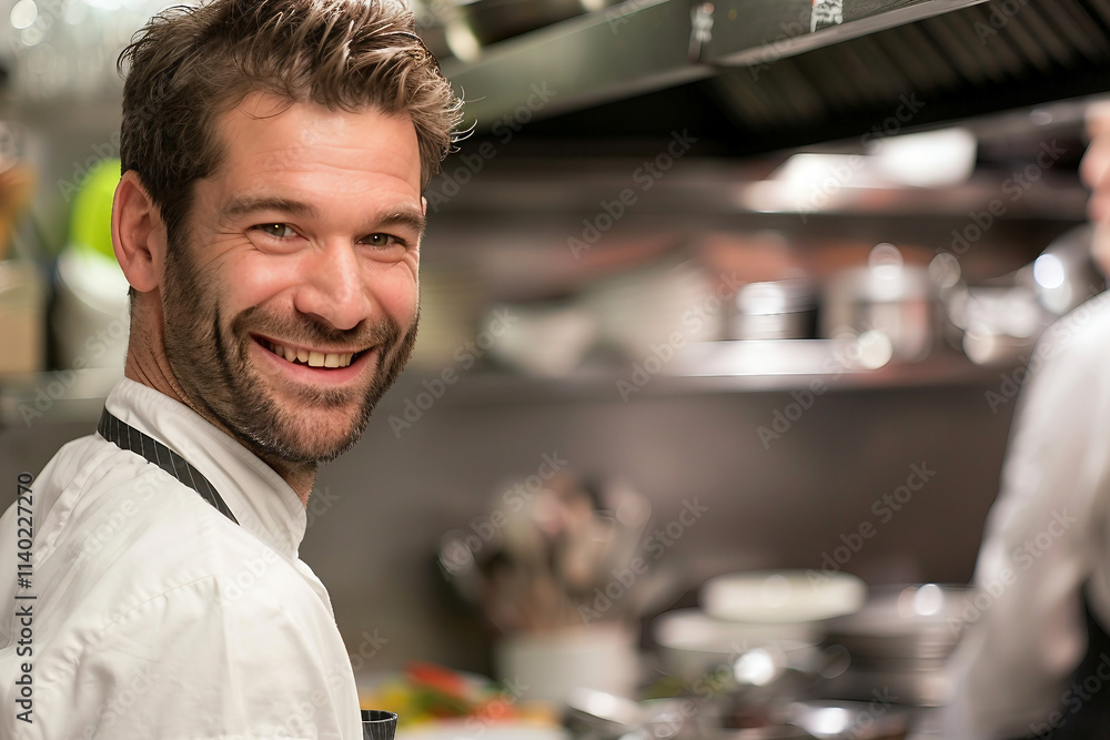 Generative AI Depiction of a Professional Male Chef Working in a Busy Restaurant Kitchen Generative AI Depiction of a Professional Male Chef Working in a Busy Restaurant Kitchen