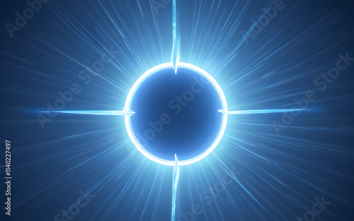 A circular frame, glowing blue with an upward-pointing arrow at its center, emitting soft rays of light photo