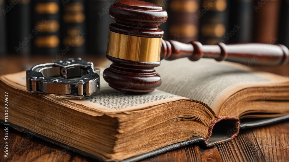 Gavel on open law book with handcuffs. Gavel on open law book with handcuffs.