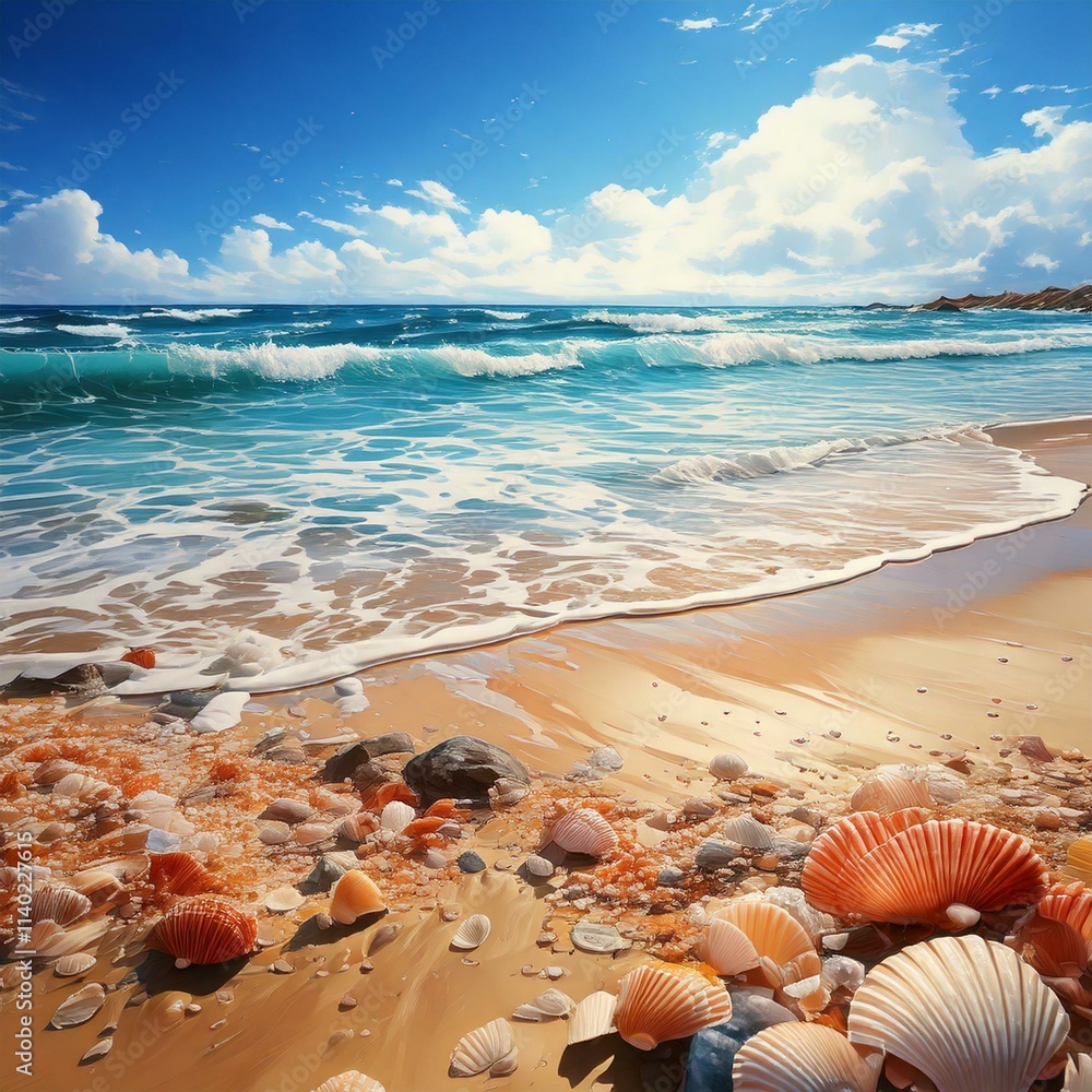 Sunny watercolor beach scene with waves lapping at a seashell-covered shore Sunny watercolor beach scene with waves lapping at a seashell-covered shore