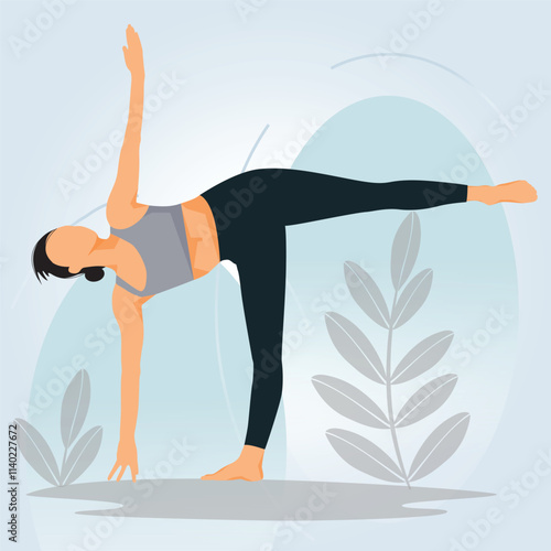 Beautiful girl practicing Revolved Half Moon Pose (Parivrtta Ardha Chandrasana), showcasing strength, balance, and flexibility