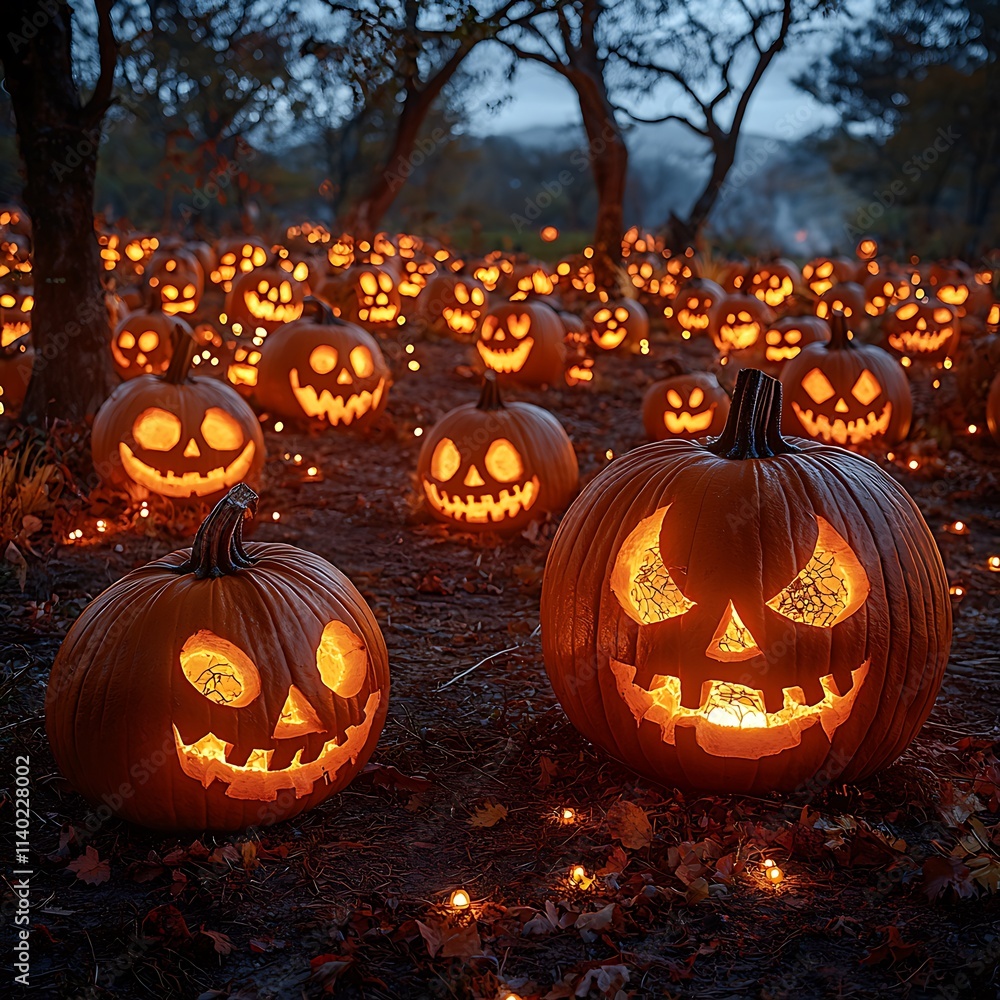 Spooky pumpkin patch with carved pumpkins glowing in the dark Spooky pumpkin patch with carved pumpkins glowing in the dark