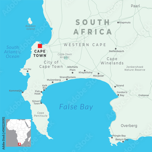 Detailed political map of the Cape of Good Hope region in South Africa, highlighting boundaries, cities