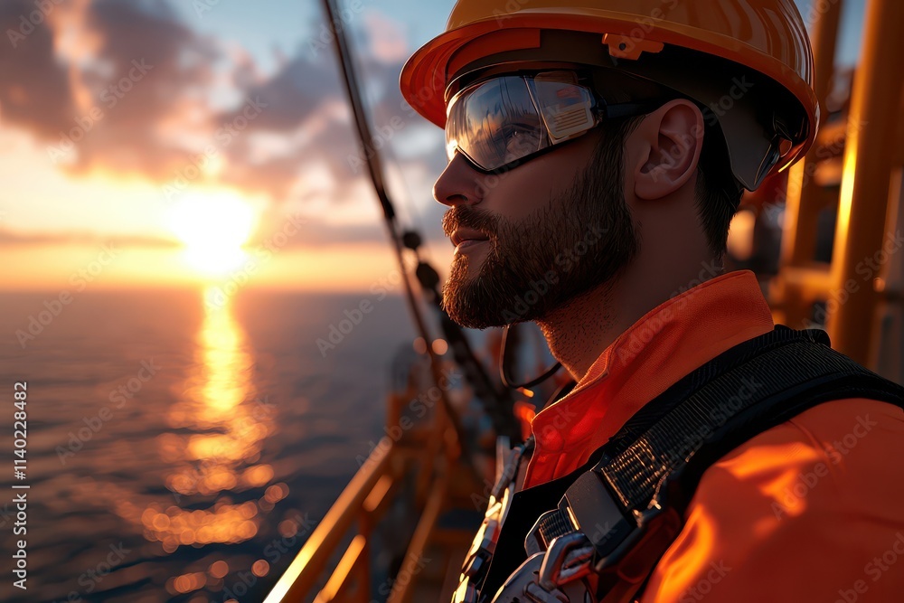 A focused worker gazes at a stunning sunset while performing offshore tasks. A focused worker gazes at a stunning sunset while performing offshore tasks.