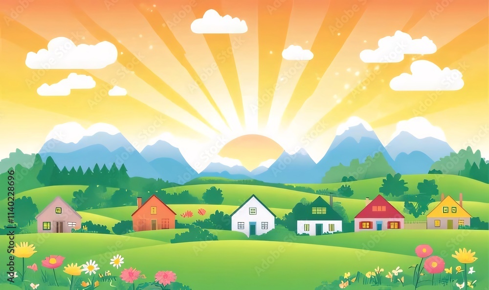 Idyllic village sunrise, colorful houses, green hills, mountains. Idyllic village sunrise, colorful houses, green hills, mountains.