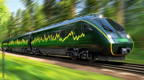 Futuristic High-Speed Train with Green and Yellow Design in Motion through Lush Forest