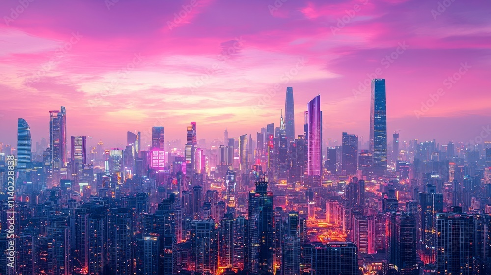 Fototapeta premium Neon Futuristic Cityscape at Twilight