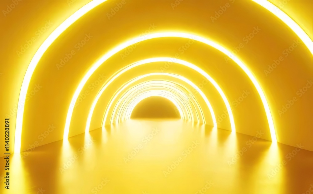 Abstract yellow neon tunnel with glowing arches and reflective floor. Abstract yellow neon tunnel with glowing arches and reflective floor.