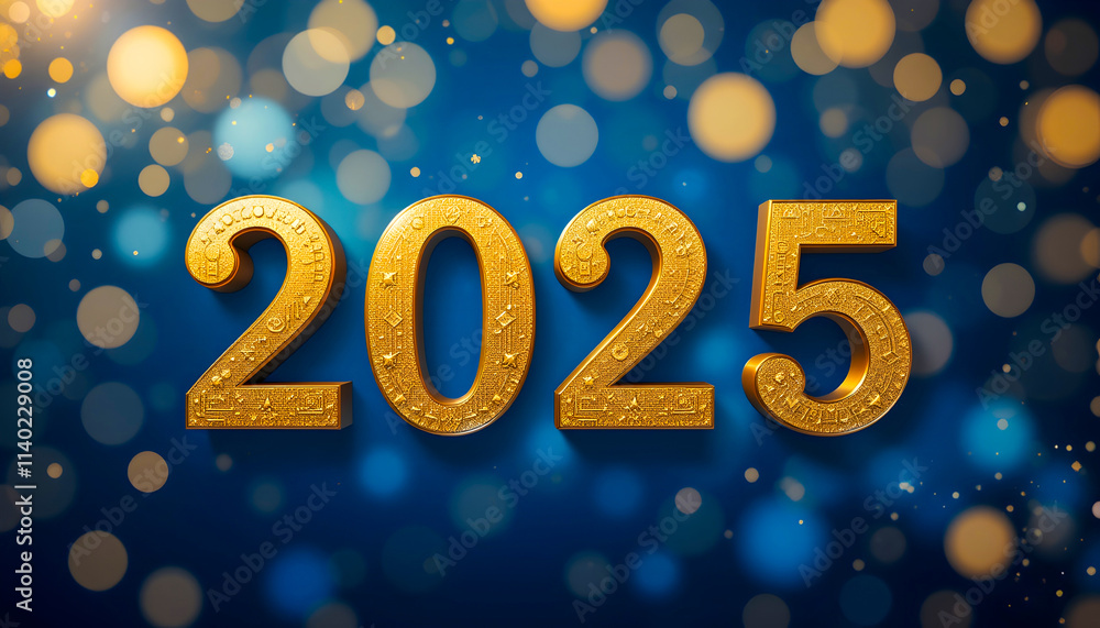 Golden 2025 number on festive blue background with bokeh lights Golden 2025 number on festive blue background with bokeh lights