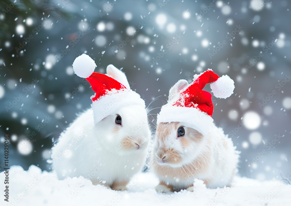 snow rabbits in christmas outfit outdoor in snow landscape snow rabbits in christmas outfit outdoor in snow landscape