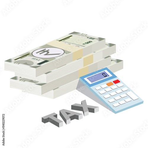 Income Tax in India Conceptual Illustration with bundle or rupee note and calculator