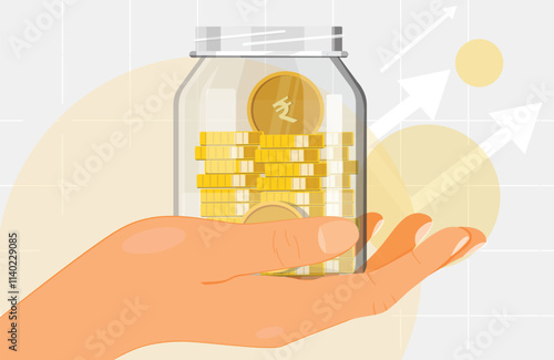 Glass money jar full of rupee coins on hand. Saving rupeecoin in mone ybox. Growth, income, savings, investment. Symbol of wealth. Business success