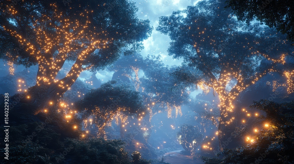 Fototapeta premium Enchanted forest illuminated by glowing lights, creating a magical atmosphere.