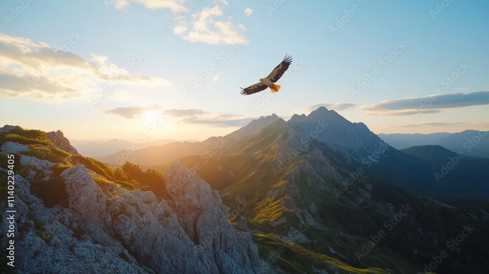 Majestic eagle soaring over sunlit mountain range at sunset. Majestic eagle soaring over sunlit mountain range at sunset.