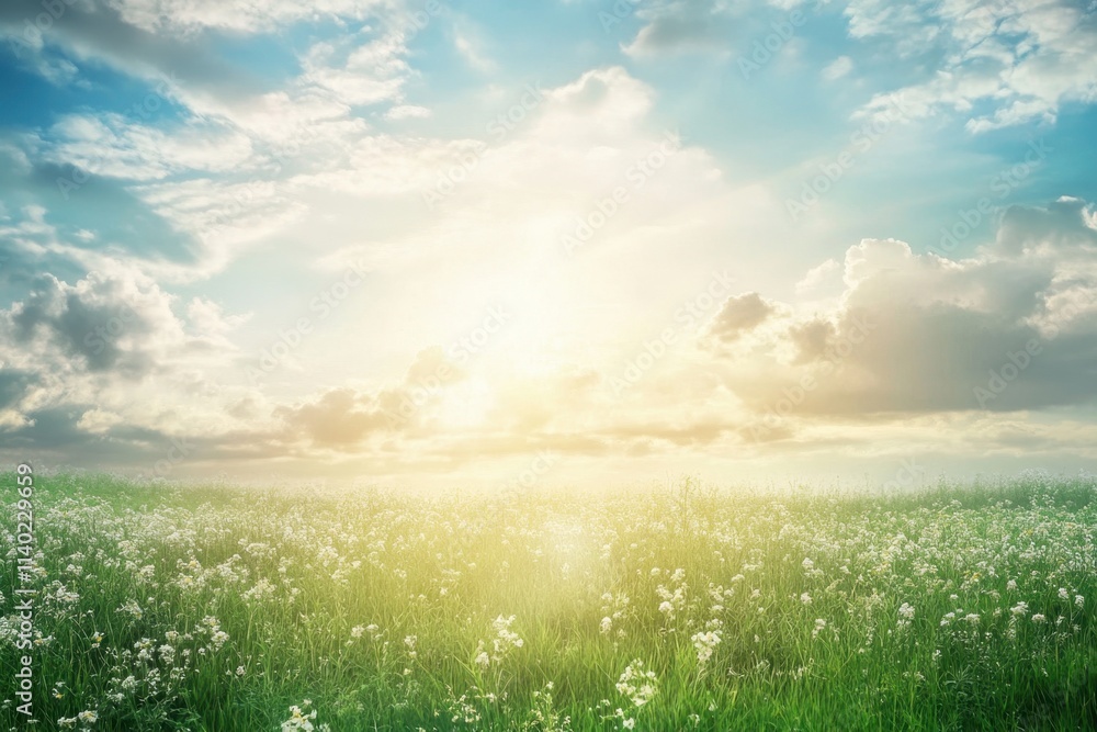 Bright sunrise over a lush green field filled with blooming flowers and soft clouds Bright sunrise over a lush green field filled with blooming flowers and soft clouds