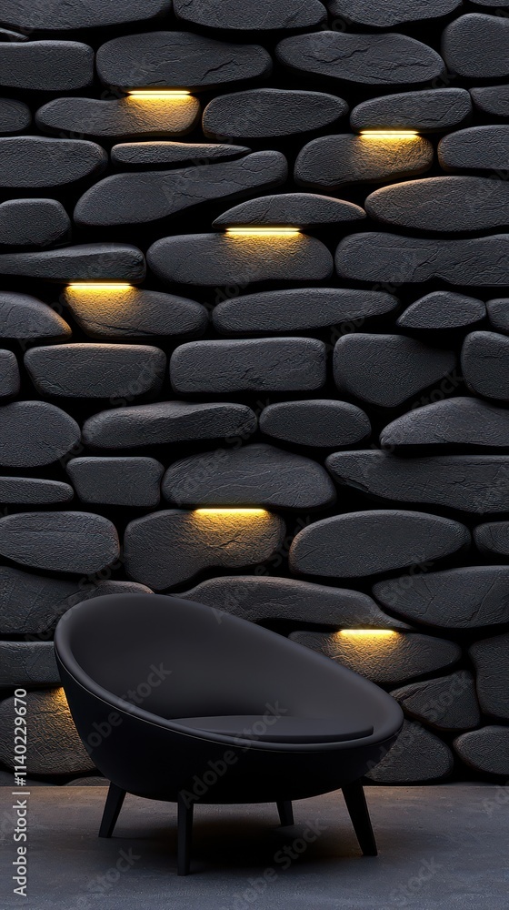 Obraz premium A modern black chair against a textured stone wall with soft glowing lights.