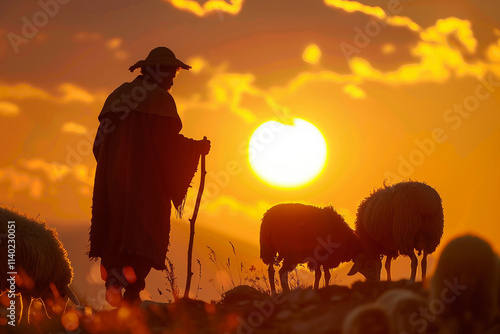 Panoramic photography of shepherd with his flock of sheeps generative AI