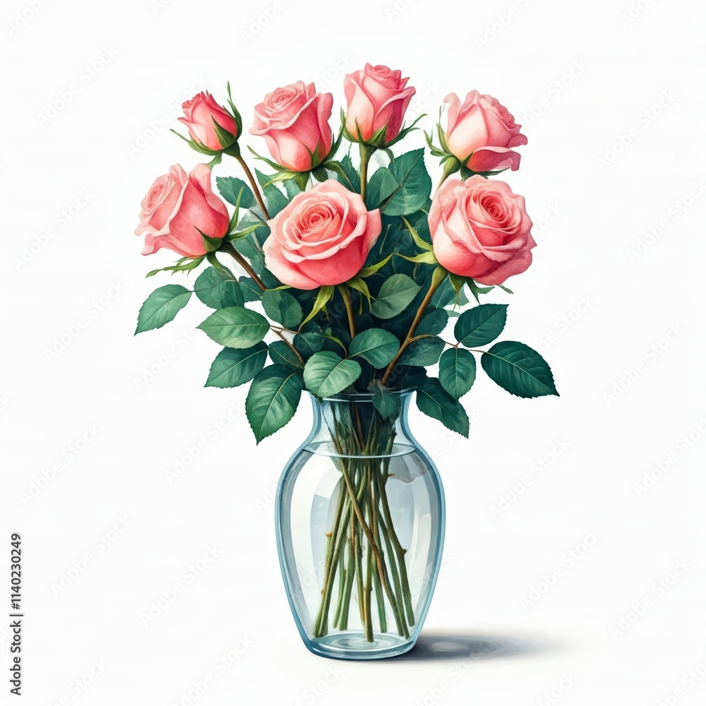Fototapeta premium Pink Roses Bouquet in Glass Vase: A delicate bouquet of pink roses, arranged in a clear glass vase, captures the beauty and elegance of nature. The intricate details of the petals and leaves.