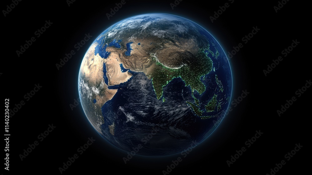 A glowing blue hologram of Earth displays continents and oceans, illuminated by global network connections with a focus on South Asia A glowing blue hologram of Earth displays continents and oceans, illuminated by global network connections with a focus on South Asia