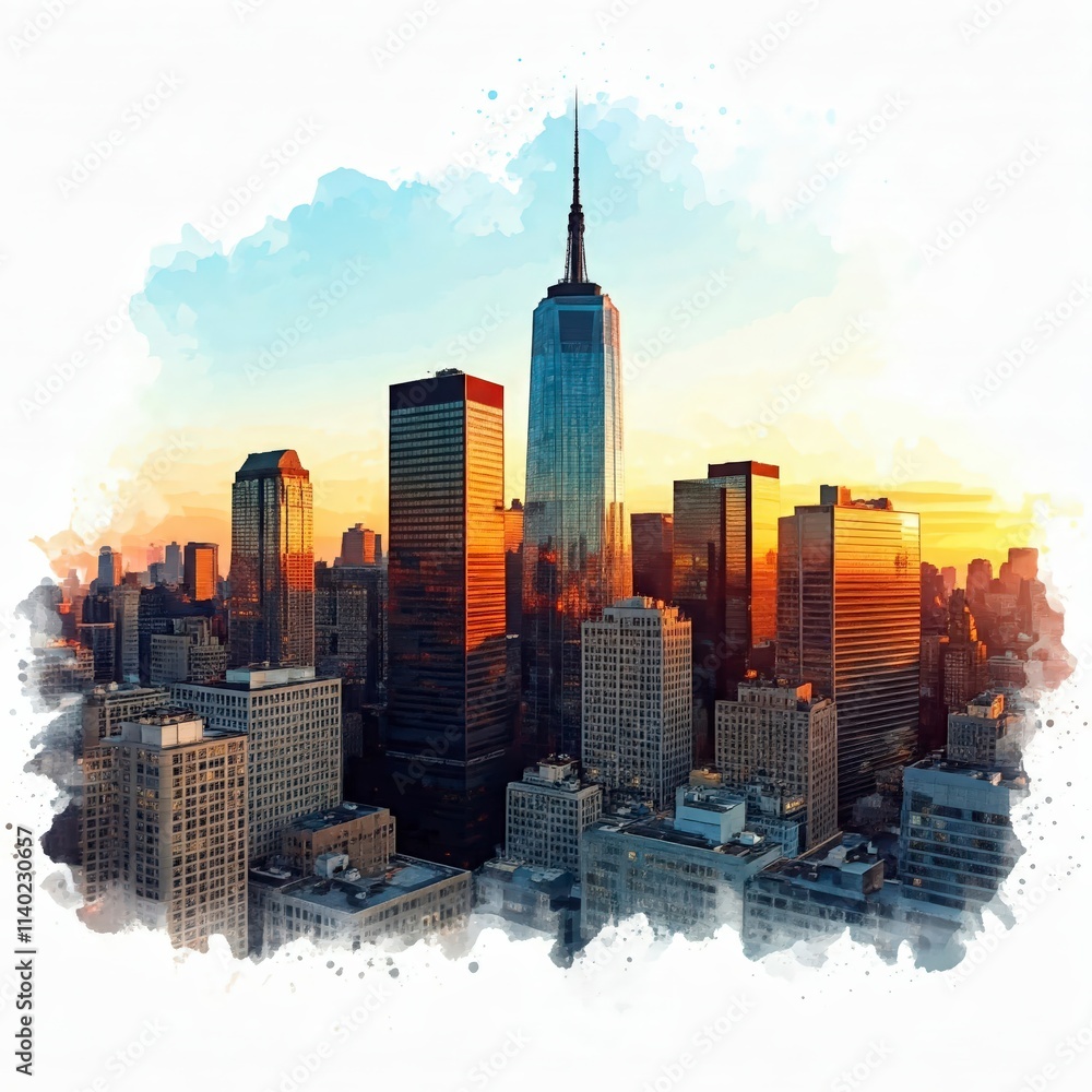 Naklejka premium NYC Sunset Watercolor: A captivating watercolor painting of the New York City skyline at sunset, showcasing iconic skyscrapers bathed in warm, golden light.