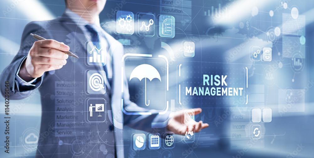 Risk management forecasting evaluation financial business concept on virtual screen.
