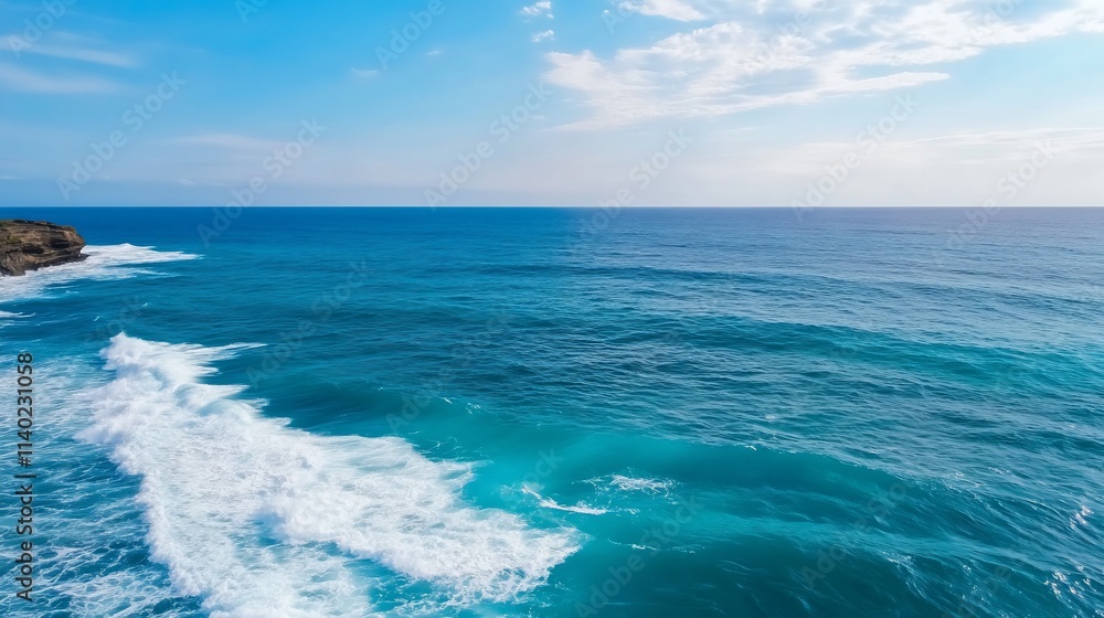 Obraz premium Ocean waves crashing on a rocky shore under a bright blue sky.