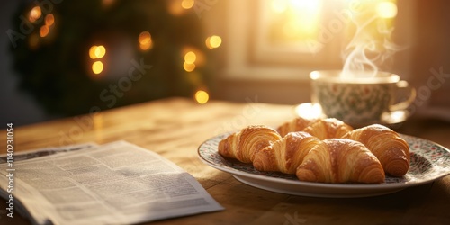 Cozy holiday breakfast nook with croissants home food photography warm environment morning light festive ambiance photo