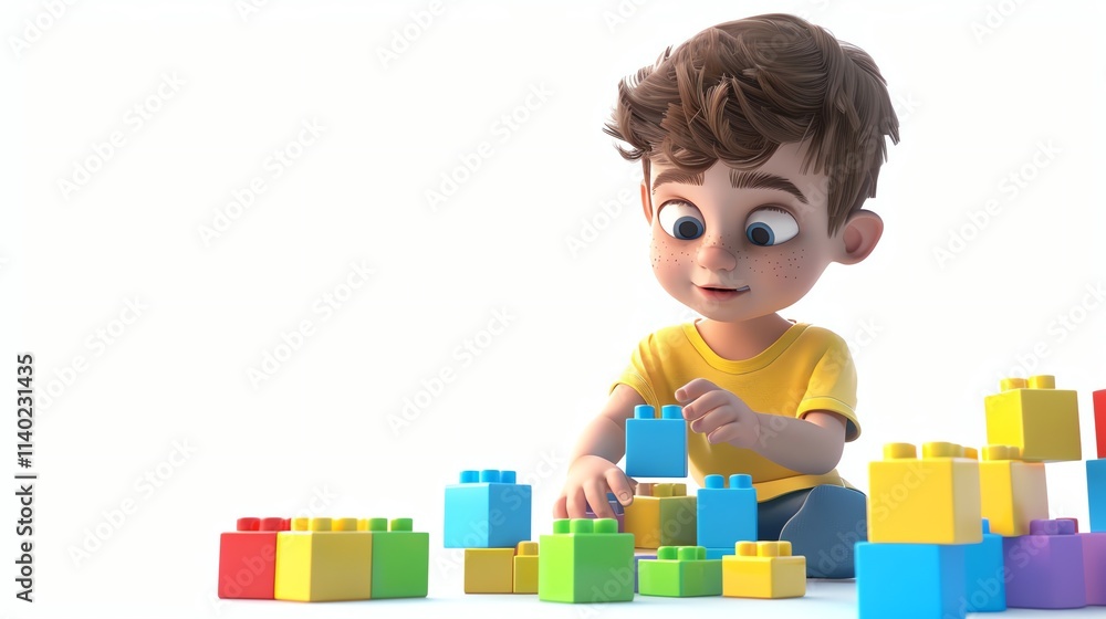 A cartoon boy playing with building blocks. A cartoon boy playing with building blocks.