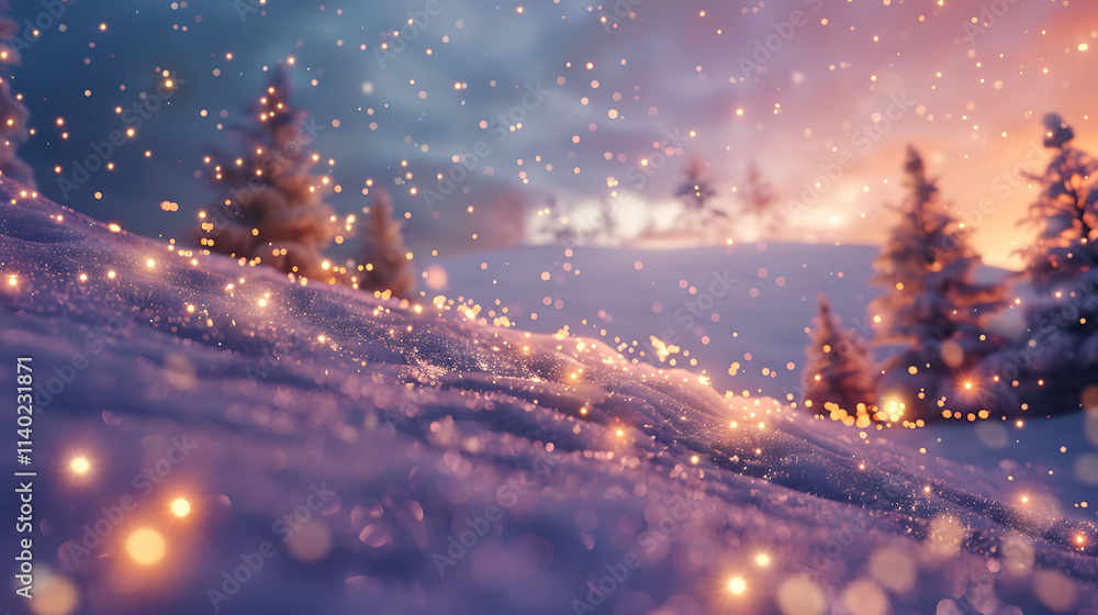 A snowy hill with twinkling lights from a New Yeara??s Eve festival in the distance, A snowy hill with twinkling lights from a New Yeara??s Eve festival in the distance,