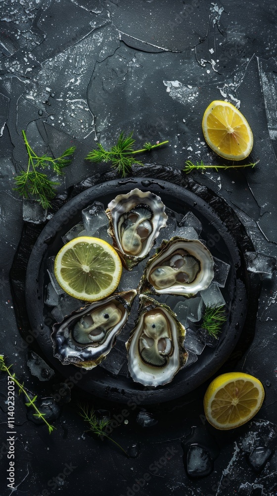 A top-down photo of a dark dining table with a black stone plate holding fresh oysters, lemon slices, herbs, and ice cubes. Texture contrasts with dark tones. A top-down photo of a dark dining table with a black stone plate holding fresh oysters, lemon slices, herbs, and ice cubes. Texture contrasts with dark tones.