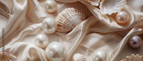 A serene image of pearls and shells on a light beige fabric, showcasing diversity in size and shape. Two partly opened shells add a natural touch, emphasizing a nautical theme photo