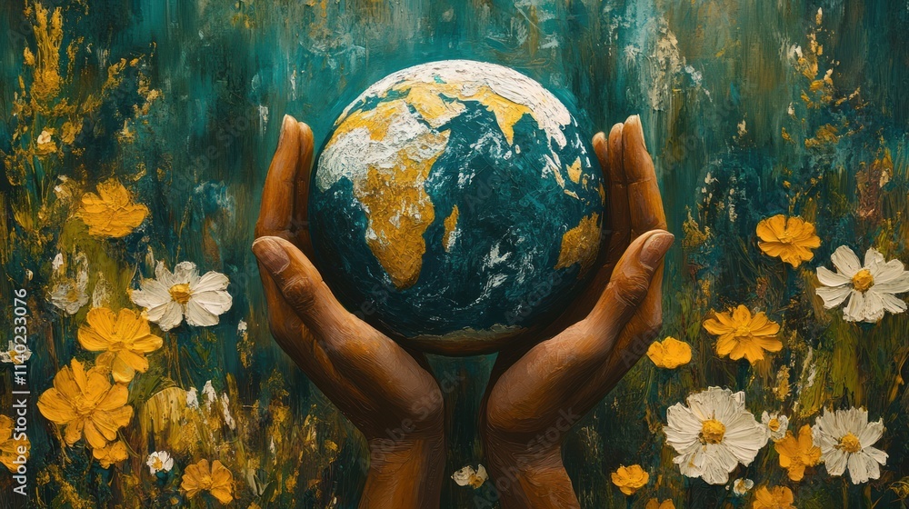 Hands cradle Earth amidst vibrant floral backdrop. Hands cradle Earth amidst vibrant floral backdrop.