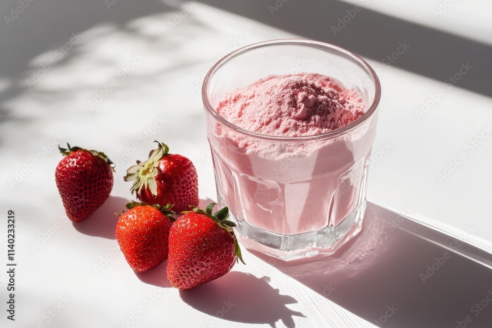 Natural strawberry collagen powder in water for skin renewal Trendy food additives Bright white backdrop with strong shadows Natural strawberry collagen powder in water for skin renewal Trendy food additives Bright white backdrop with strong shadows