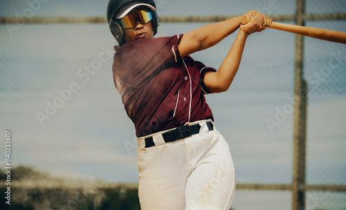 Female professional baseball batter hitting the ball during an intense game