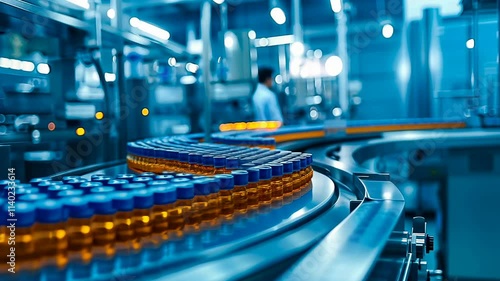 A technician in a blue uniform monitors a high-speed automated pharmaceutical production line, handling vivid blue capsules during the manufacturing process. The setting conveys themes of innovation