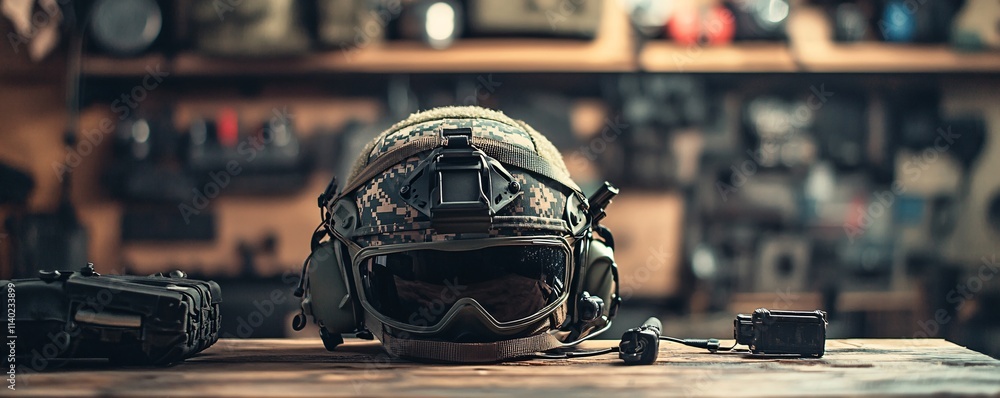 Military helmet, tactical gloves and radio communication device resting on wooden table Military helmet, tactical gloves and radio communication device resting on wooden table