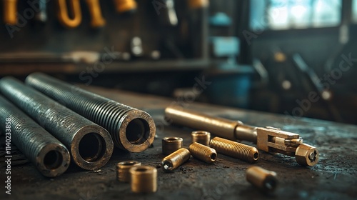 A close up image of a steel pipe threading tool placed next to steel pipes on a neutral background  The tool is used for cutting threading and preparing pipes for plumbing construction photo