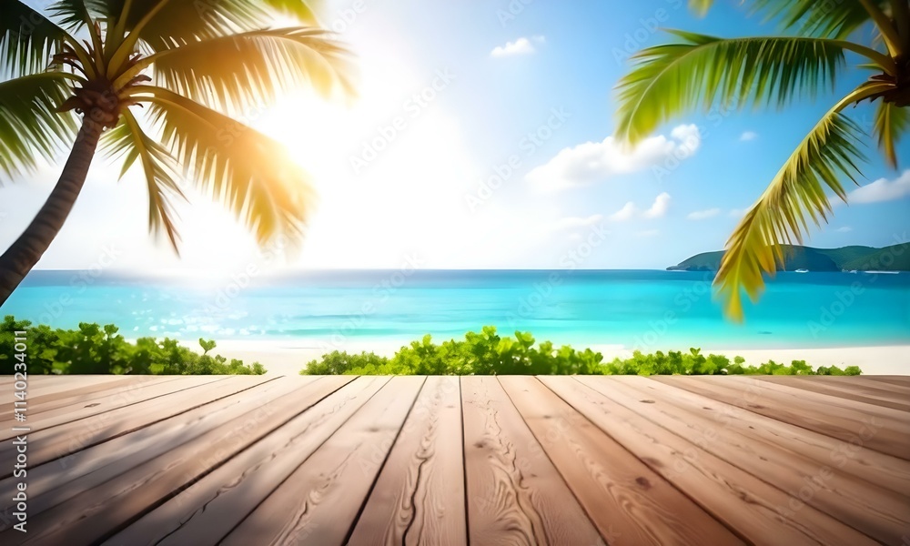 A wooden deck overlooking a tropical beach with palm trees , clear blue ocean , and a bright sunny sky A wooden deck overlooking a tropical beach with palm trees , clear blue ocean , and a bright sunny sky