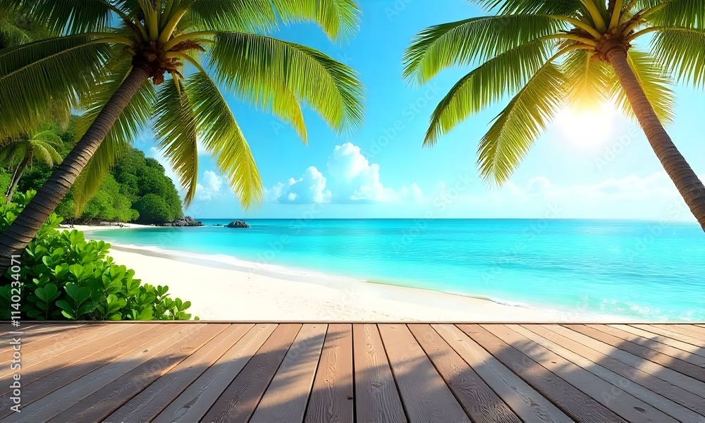 A wooden deck overlooking a tropical beach with palm trees , clear blue ocean , and a bright sunny sky A wooden deck overlooking a tropical beach with palm trees , clear blue ocean , and a bright sunny sky