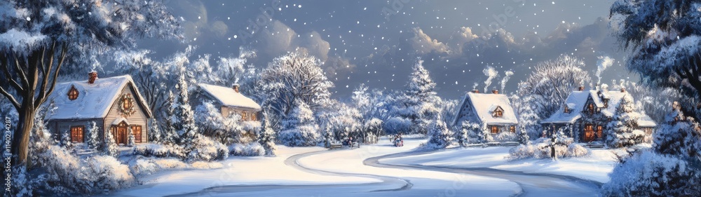 Whimsical Winter Wonderland with Snowy Landscape and Charming Cottages Whimsical Winter Wonderland with Snowy Landscape and Charming Cottages
