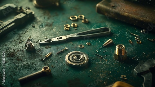 Flat image of a tap reseating tool with a few small brass plumbing fittings neatly scattered around on a clean surface  The tools and materials are arranged in an organized manner