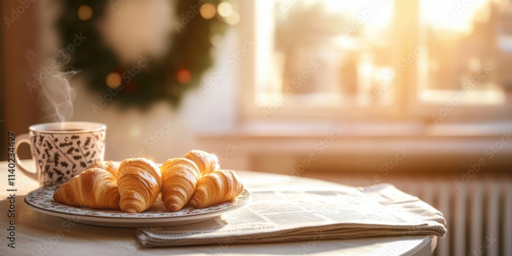 Obraz premium Holiday-themed breakfast nook with croissants cozy home setting morning light warm atmosphere
