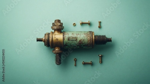 Flat Lay Image of a Tap Reseating Tool Surrounded by Small Brass Plumbing Fittings Neatly Arranged on a Clean Surface