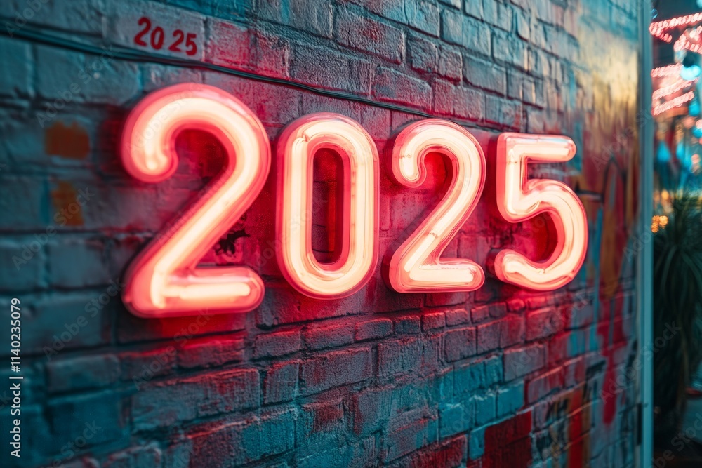 Neon Bulbs Displaying Year 2025 on Painted Brick Wall Art Neon Bulbs Displaying Year 2025 on Painted Brick Wall Art